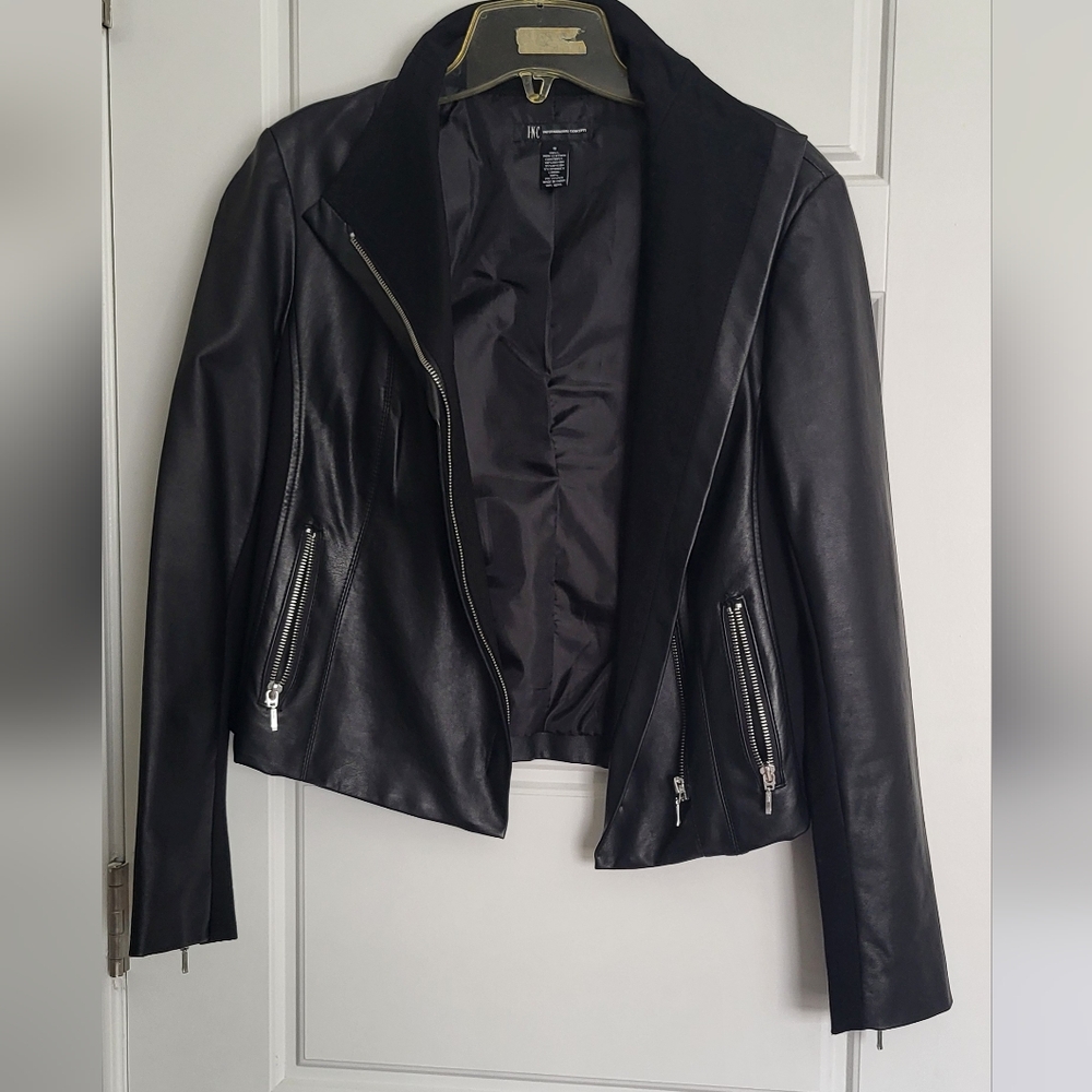 INC International Concepts Black Leather Moto Jacket Asymmetrical Zip